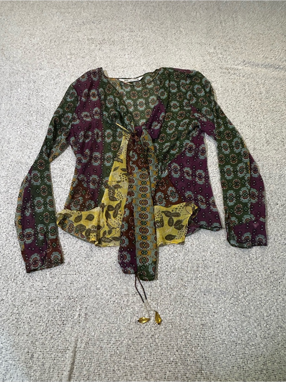 Zara Boho Patchwork Mixed-Print Tie-Front Blouse in Green, Plum & Yellow Size M